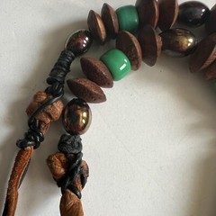 Vintage Handmade Artisan Wood Glass Brass Tribal Mask Beaded Leather Necklace
