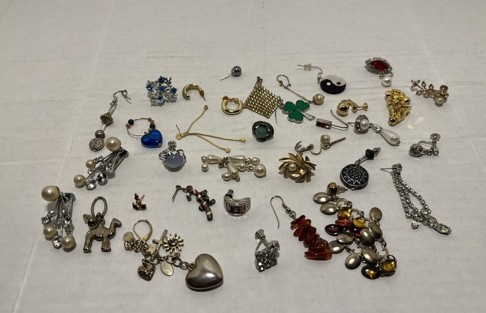37-Single Silver And Gold Tone Stones earring lot vintage For Crafts Or Reuse