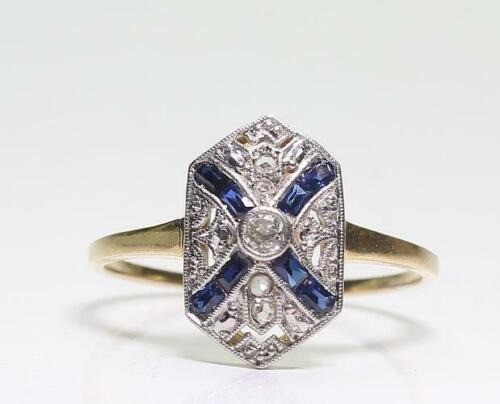 Art Deco Vintage 3.30 Ct Diamond & Sapphire Wedding Ring 14K Yellow Gold Over
