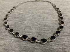 Vintage Sterling Onyx Cabochon & Cubic Zirconia Link 16” Tennis Necklace
