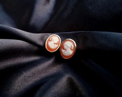 Vintage CROWN TRIFARI 1960s Gold Toned Orange and Ivory Cameo Clip On Earrings