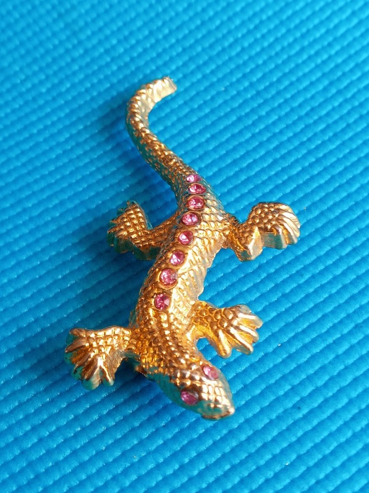 Vintage AAI Lizard/Gecko Pink Rhinestone Gold Tone Brooch/Pin. FREE SHIPPING