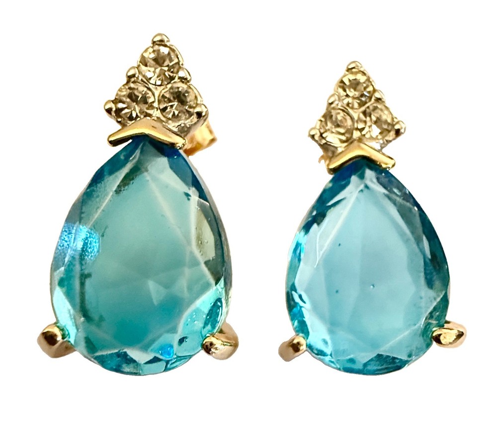 Vintage Faceted Blue Glass Pear Cut 14k HGE Earrings BC-LIND Pierced