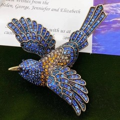 Vintage Blue Rhinestone Bird Brooch Sparkling Crystal Flying Bird Pin