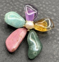 Vintage Flower Brooch Semi Precious Stone Nugget Faux Pearl Gold Tone