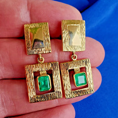Original EARTH MINED EMERALD Deco Design Earrings Vintage Style Dangles 14K GOLD