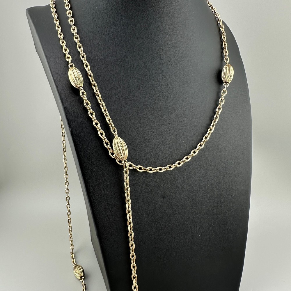Vintage Flapper Chain Necklace Gold Tone Textured Cable Link Oval Station Bead