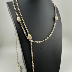Vintage Flapper Chain Necklace Gold Tone Textured Cable Link Oval Station Bead