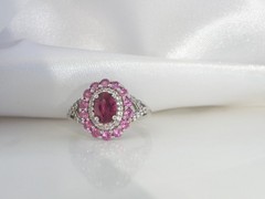 Vintage Sterling Silver Natural Irradiated Pink Tourmaline Halo Ring Size 7