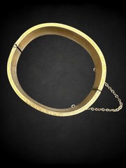Antique Victorian Gold Filled Sterling Bangle Black Enamel Engraved Bracelet