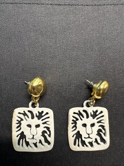 Anne Klein Earrings Gold White Square Lion Head Logo Pierced Dangle Vintage