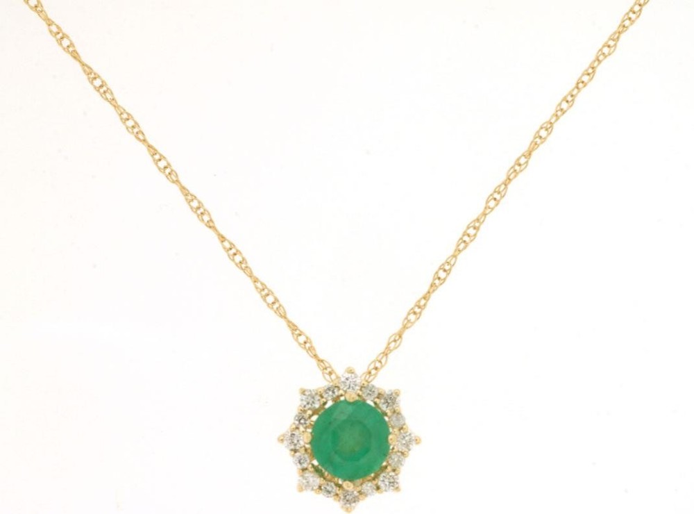 .44CT DIAMOND & AAA EMERALD 14KT YELLOW GOLD 3D ROUND SOLITAIRE FLOATING PENDANT