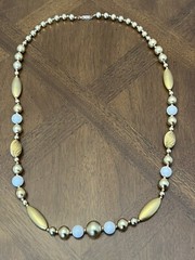 Vintage Carol Dauplaise Gold & White Beaded Long Necklace Signed Nice!
