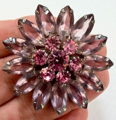 Vtg Purple Lavender Pink Rhinestone Flower Brooch Pin Marquise Cut Silver