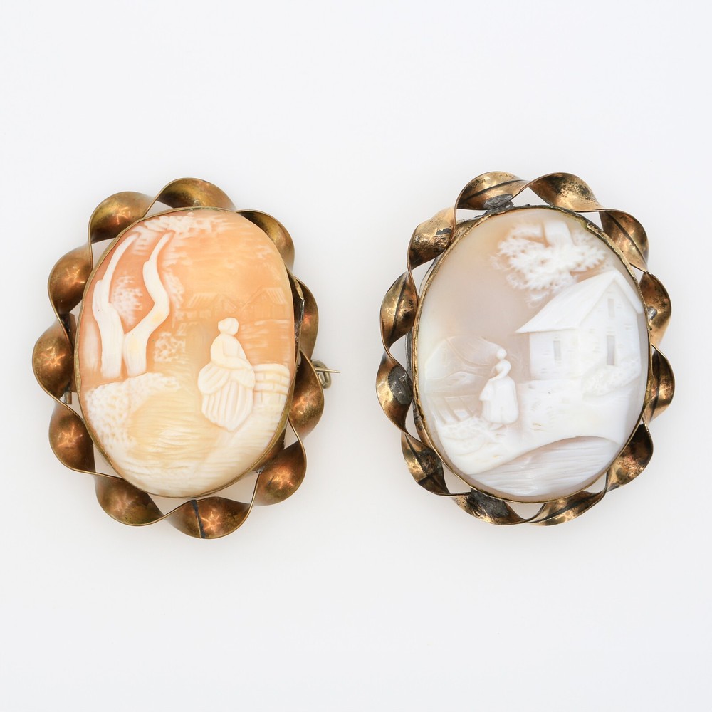 Antique Victorian Rebecca at the Well Hand-Carved Cameo GF Brooch Pair 1880s