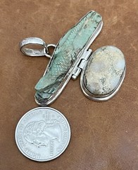 Vintage 925 Green Turquoise, Jasper Artist Created Lizard Motif Large Pendant