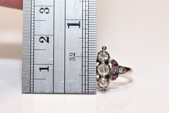 Antique Circa 1900s 8k Gold Natural Old Cut Diamond And Ruby Navette Ring