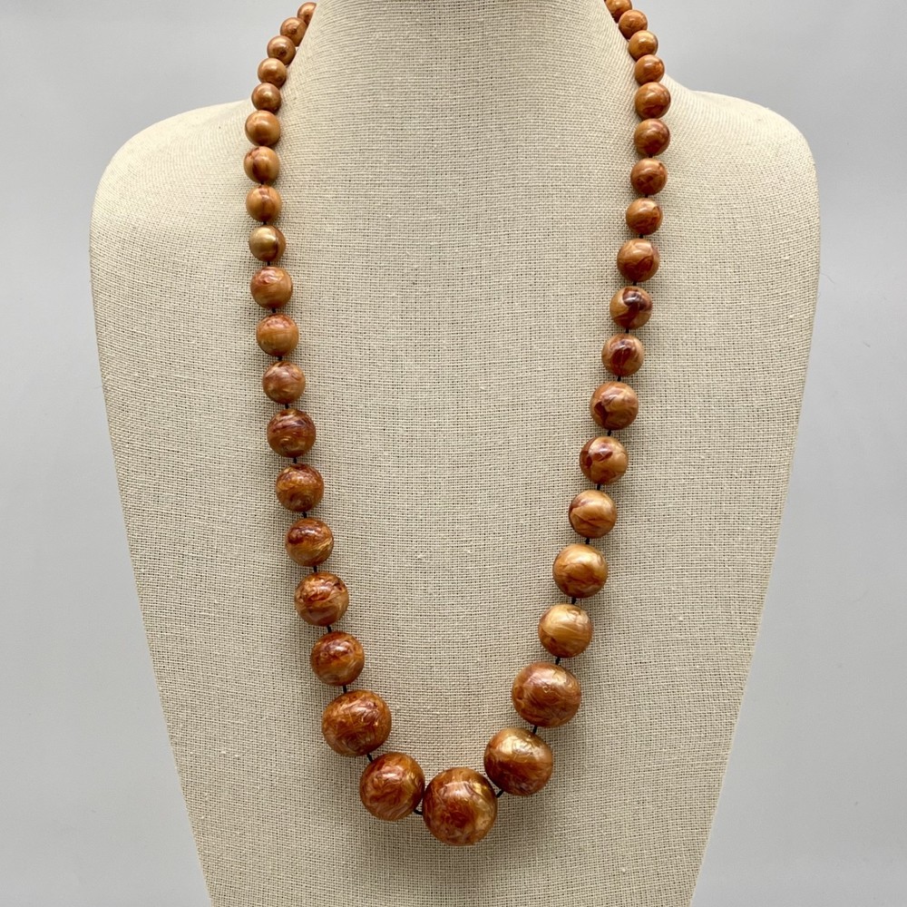 Vintage Plastic Necklace Marbled Brown Lucite Graduated Beads 28″