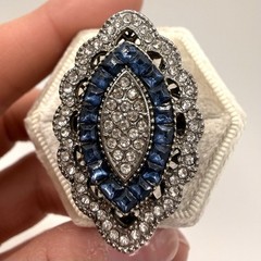 Vintage Art Deco Revival Blue Rhinestone Navette Cocktail Ring Silver Tone 9.75
