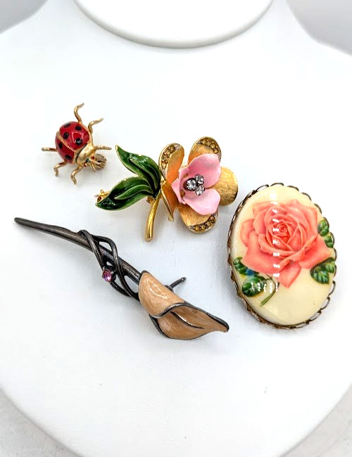 Vintage Flower Brooch Lot Rose Ladybug Enamel Floral Pins 4 Piece Collection