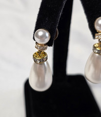 Monet Pearl Drop Earrings Stacked Tiered Faux Pearls & Crystal Accents