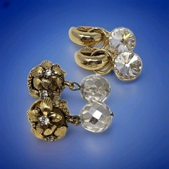 2 Pairs Vintage Gold Tone & Clear Rhinestone Clip-on Earrings Dangle Drop Style