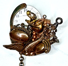 Steampunk Frog Brooch Pin Watch Face Starfish Nautical Dangle Bronze Maximal Art