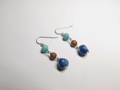 Blue Brown Plastic Faux Stone Bead Dangle Pierced Earrings Vintage