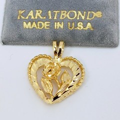 Karatbond Vintage Gold Heart Rose Pendant Diamond Cut Rope Edge Made in USA Y2K