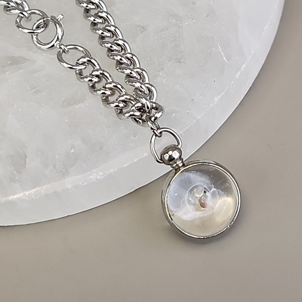 Vintage Mustard Seed Charm Bracelet Round Glass Dangle Silver Tone 6.75″