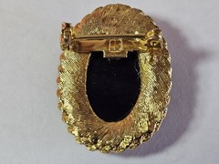 Oval Cameo Brooch Pin, Gold Tone Rope Frame, White Portrait on Black Background