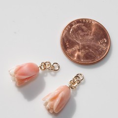 ANTIQUE 14K GOLD ANGEL SKIN CORAL CARVED ROSE STUD DROP EARRINGS Made To Order