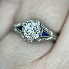 Art Deco Old European Cut Diamond Sapphire Engagement Ring