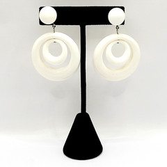 White Double Hoop Reticulating Center Flat Back Pierced Style Vintage Earrings