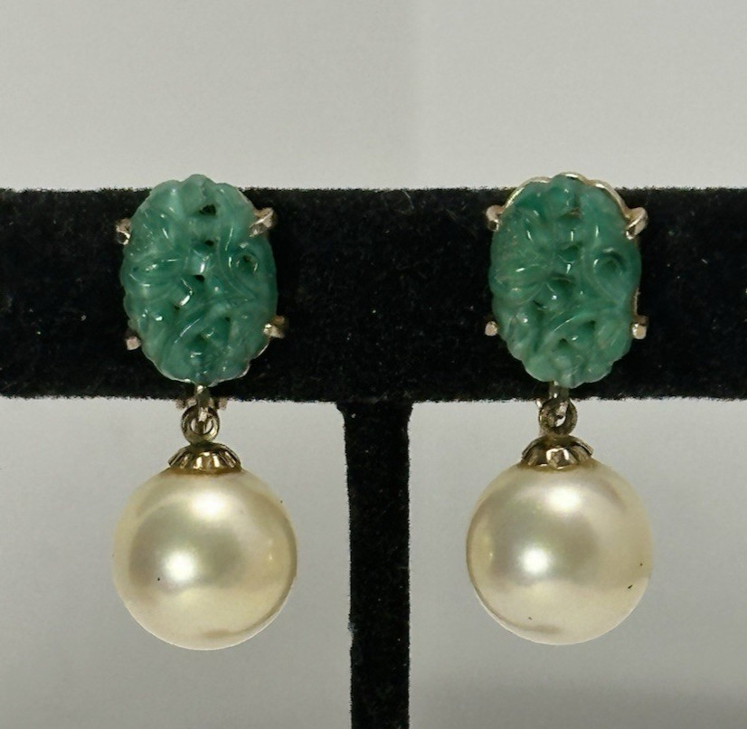 Marvella Vintage Dangling Pearl & Jade Green Color Carved Stone or Glass