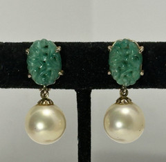 Marvella Vintage Dangling Pearl & Jade Green Color Carved Stone or Glass