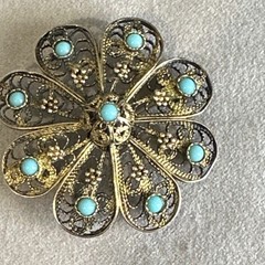 VTG Sterling Silver 925 Filigree Flower Brooch Pin Blue Stones Signed Israel