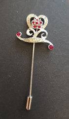 Vintage stick pin heart floral design clear & red rhinestones gold tone