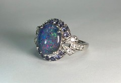Estate Black AUSTRALIAN RAINBOW FIRE OPAL & Tanzanite Topaz Sterling Silver Ring