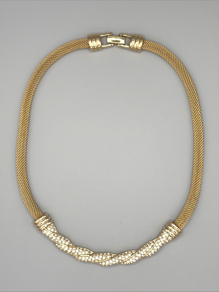 Vintage Swarovski Gold Tone Pavé Crystal Twist Mesh Necklace 18″ Signed