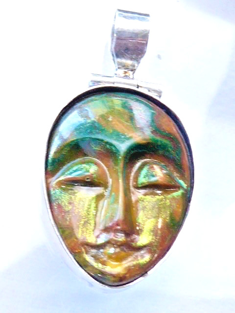 VINTAGE STERLING SILVER 925 RAINBOW LABRADORITE CARVED FACE PENDANT 1 3/4″