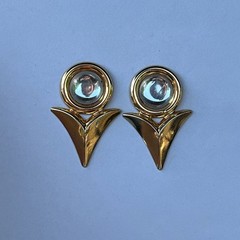 Vintage Gold Tone Clear Cabochon Statement Earrings Pierced Post Geometric