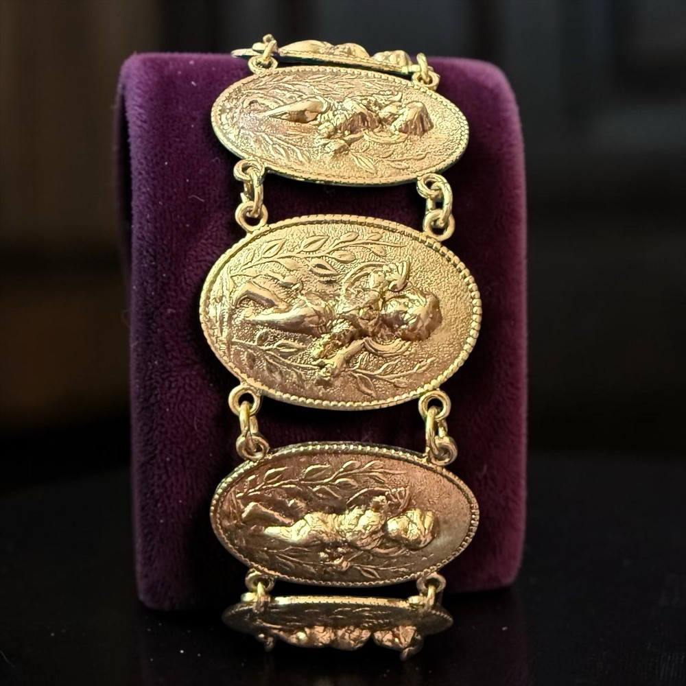 Cherub Panel Link Bracelet Victorian Revival Gold Tone Putti Figural 7 Inch