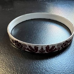 Vintage Enamel Bangle Bracelet White Red Brown Folk Art Bird Floral Boho Retro