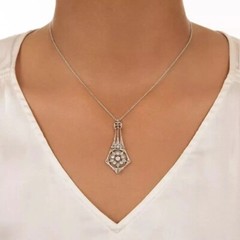 14K White Gold Finish Round Art Deco Style Lab Created Diamond Women’s Pendant