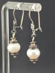 Vintage 9mm Freshwater Pearl Oxidized Sterling Silver 4cm Dangle Earrings