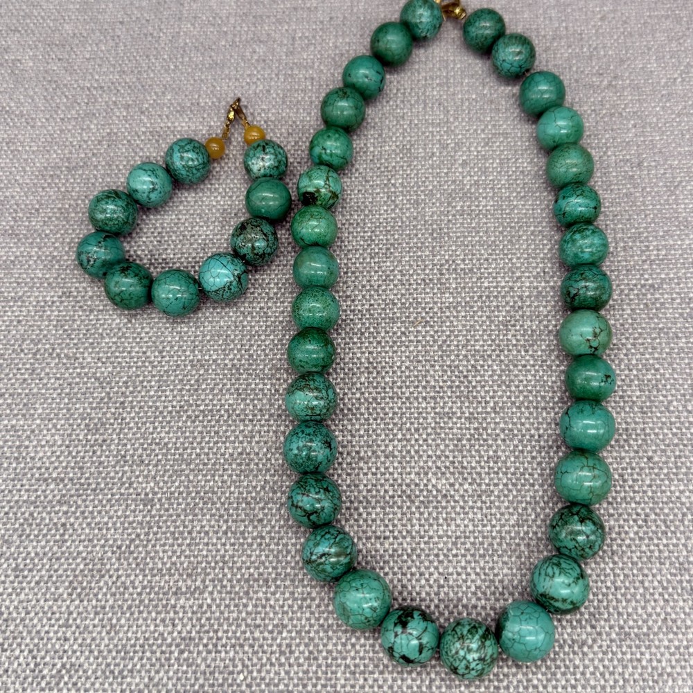 Vintage African Turquoise Necklace Bracelet Jewelry Set Large Heavy Chunky Boho
