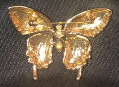 Butterfly Brooch 2 Inches Wide Gold Tone Metal ORANGE YELLOW BLUE GREEN IN WINGS