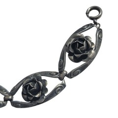 Vintage Sterling Silver Rose Link Bracelet 925 Floral 7″
