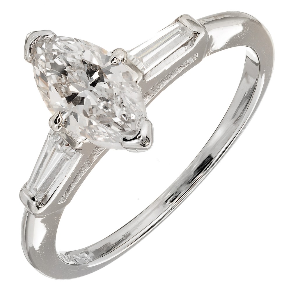 Vintage .69ct Faint Brown Marquise Diamond 14k Gold 2 Tapered Baguette Ring